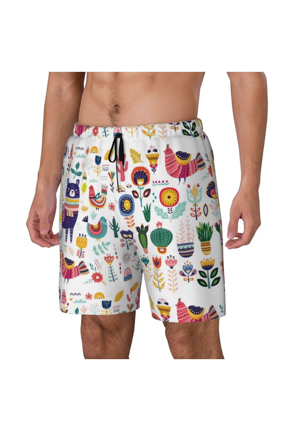 Alpaca Flower Print Men's Swim Shorts,Mens Swim Trunks,Breathable Mesh Beach Shorts for Swimming,Surfing, and Beach Activities-X-Large