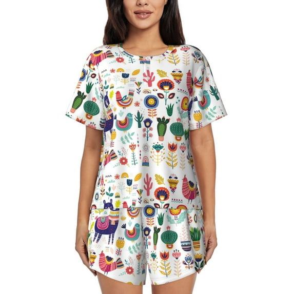 Honeii Alpaca Flower for Women's Summer Pajama Set featuring Soft Short Sleeve Shirt & Matching Bottoms with Convenient Pockets for Relaxed Home Wear-Large