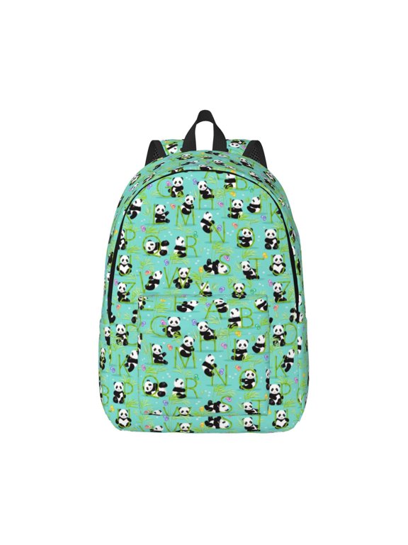 Alphabet And Panda Print Canvas College Laptop Backpack, Durable Rucksack Travel Notebook Bag School Backpack Book Bag for Men Women-Small