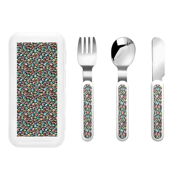 Honeii Alphabet Print Children's Knife, Fork And Spoon Set,Reusable Utensils Set with Case,Travel Cutlery Set,for Kids Adults Camping