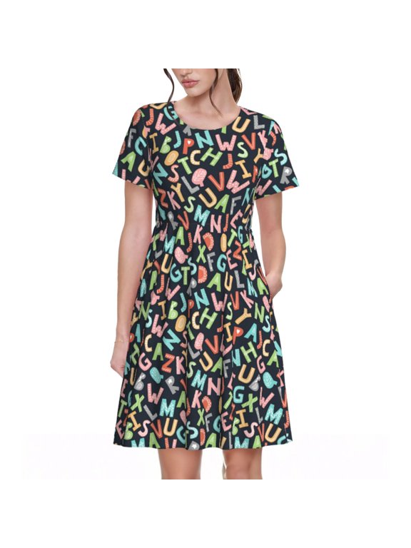 Alphabet Print Women’s Short Sleeve Dress, Comfortable Casual Dress, Soft Polyester Spandex Blend, Stylish Everyday Wear for Summer, Perfect for Travel and Vacation