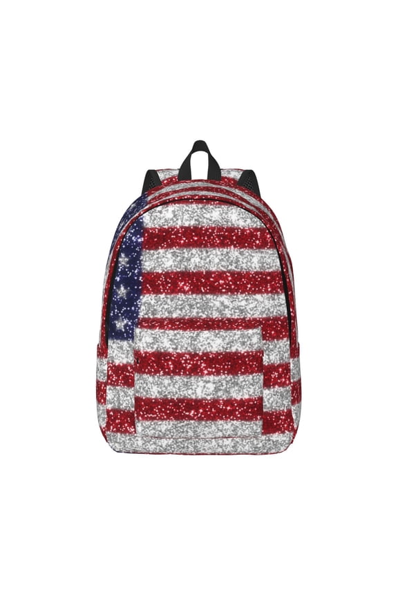 America Flag Glitter Print Canvas College Laptop Backpack, Durable Rucksack Travel Notebook Bag School Backpack Book Bag for Men Women-Small