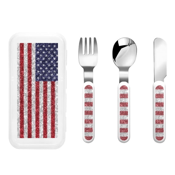 Honeii America Flag Glitter Print Children's Knife, Fork And Spoon Set,Reusable Utensils Set with Case,Travel Cutlery Set,for Kids Adults Camping