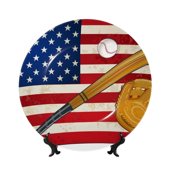 Honeii American Flag And Baseball Print Elegant Bone China Decorative Plate, Porcelain Plate,Art Crafts,Ceramic Ornaments for Home Office Wall Decor-6in