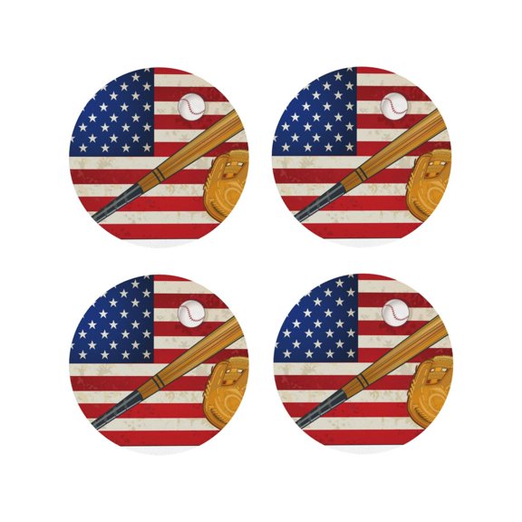 Honeii American Flag And Baseball Print Leather Coaster Set of 4, Ideal for Safeguarding Your Furniture from Drinks Spills and Effortless Cleanup-Round Shape