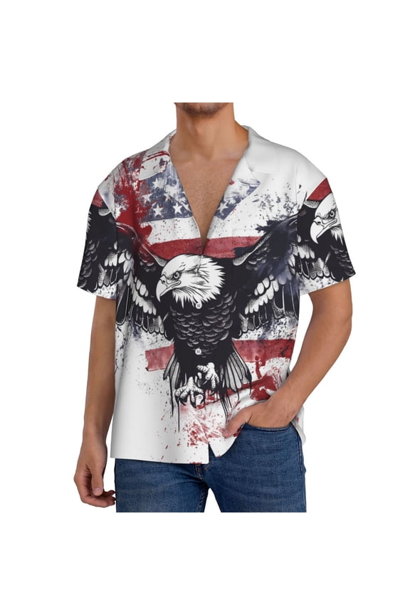 American Flag Eagle Art for Men's Short-Sleeved Button-Up Collared Shirt Featuring A Pocket, Perfect for Beach Vacations, And Travel Adventures.-Medium