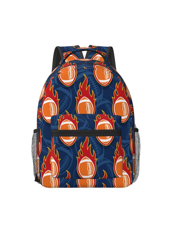 American Football and Fire Flames Print Backpack for School,15.6 inch Laptop Back Pack for High School and College Students, Waterproof Computer Bookbag-One Size