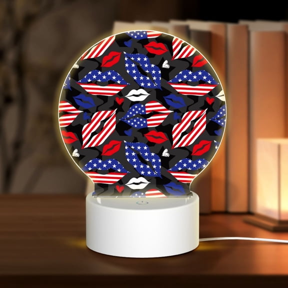 Honeii American With Lips Print Acrylic LED Night Lamp,Round Touch-Control Night Light with 3 Lighting Modes,for Bedrooms, Living Rooms, and Gifting