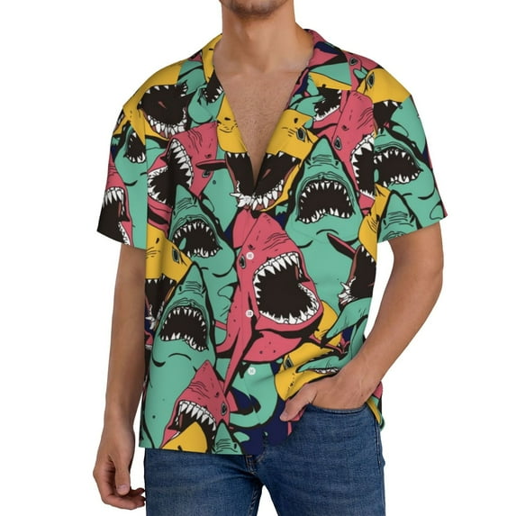 Honeii Angry Shark Pattern for Men's Short-Sleeved Button-Up Collared Shirt Featuring A Pocket, Perfect for Beach Vacations, And Travel Adventures.-Large