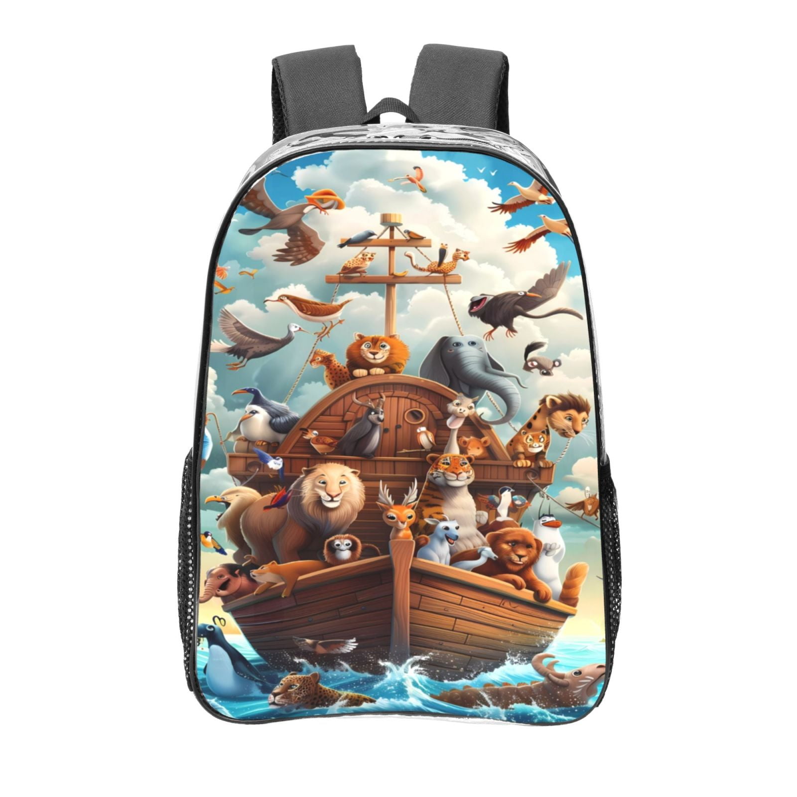 Honeii Animal Filled Noahs Ark Print Clear Backpack Heavy Duty Transparent Bag 17" See Through BookBag for Women Men Adults Work Festival Sports Travel