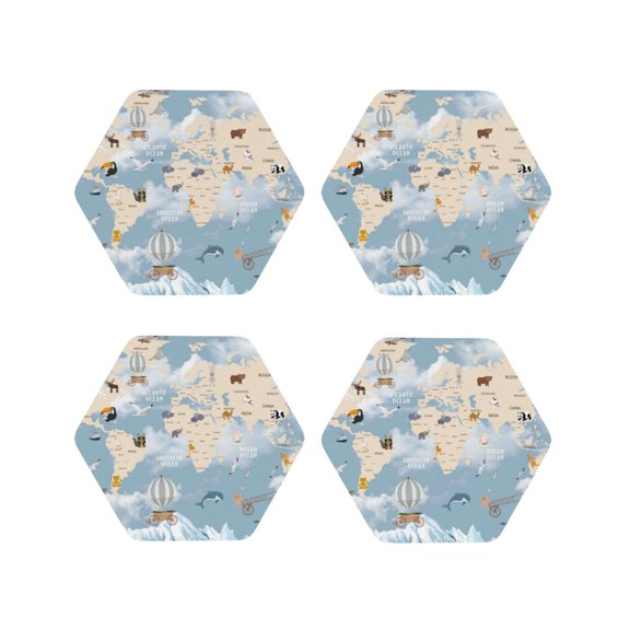 Honeii Animals Travel World Map print Leather Coaster Set of 4, ideal for safeguarding your furniture from drinks spills and effortless cleanup-Hexagon