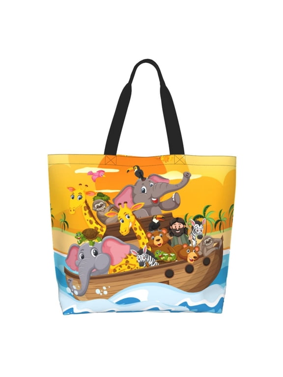 Animals on Noah's Ark1 Print Tote Bag for Women, Foldable Tote Bag Large Shoulder Bag Top Handle Handbag for Travel, Work