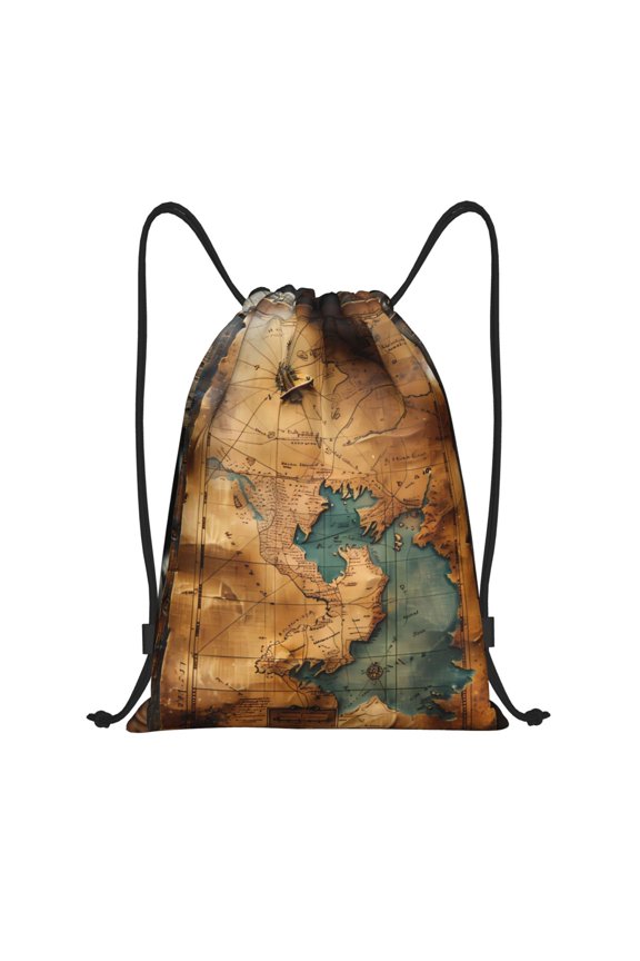 Antique Map Adventure Scene Print Drawstring Backpack,Drawstring Bags String Backpack Gym Cinch Sack Backpack Sport Bag Draw-Medium