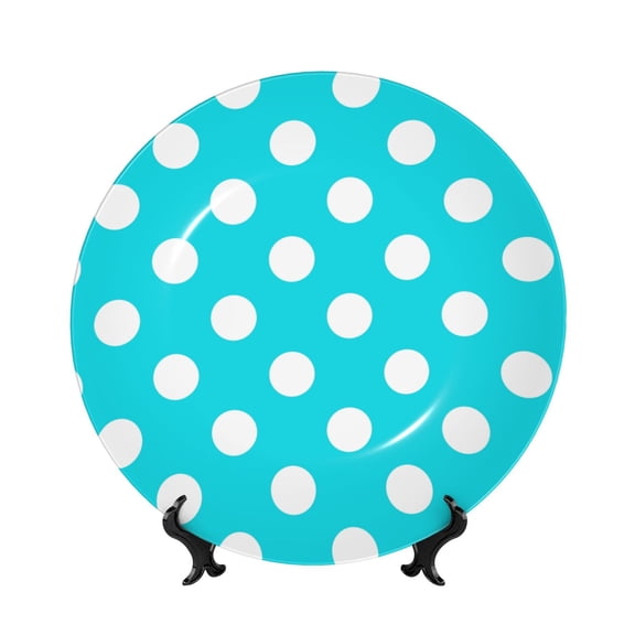 Honeii Aqua And White Polka Dot Print Elegant Bone China Decorative Plate, Porcelain Plate,Art Crafts,Ceramic Ornaments for Home Office Wall Decor-6in