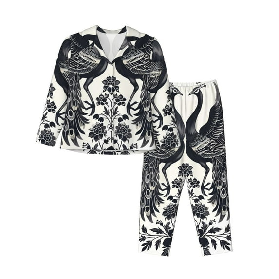 Honeii Artistic Black White Peacocks Print Women's Pajama Sets Long Sleeve Button Down Sleepwear Nightwear Soft Pjs Lounge Sets 2PCS-XX-Large