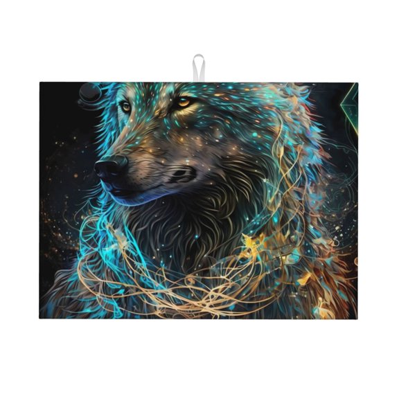 Honeii Artistic Light Dot Wolf print Super Absorbent Coffee Bar Mat Hide Stain Coffee Maker Mat for Countertops Coffee Pot Dish Drying Mat for Kitchen Counter