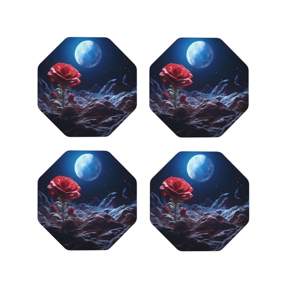 Honeii Artistic Moon Rose print Leather Coaster Set of 4, ideal for safeguarding your furniture from drinks spills and effortless cleanup-Octagon
