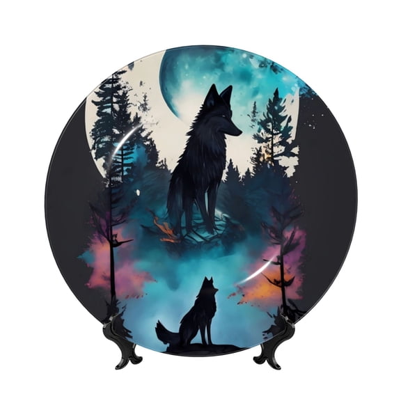 Honeii Artistic Moon Valley Wolf Print Elegant Bone China Decorative Plate, Porcelain Plate,Art Crafts,Ceramic Ornaments for Home Office Wall Decor-7in