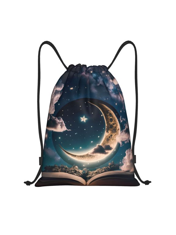 Artistic Starry Sky Moon Book Print Drawstring Backpack,Drawstring Bags String Backpack Gym Cinch Sack Backpack Sport Bag Draw-Medium