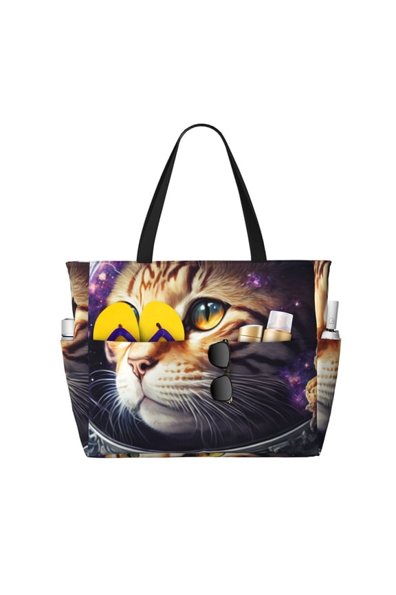 Astronaut Cat for Tote Bag with Adjustable Strap,Beach Bag, Waterproof Sandproof Beach Tote Bag, Large Capacity Foldable Beach Bags