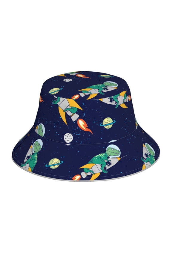 Astronaut Dinosaur and Space for Unisex Bucket Hat Waterproof Rain Hat Reversible Shiny Rave Bucket Hat for Concert Festival Boonie Cap