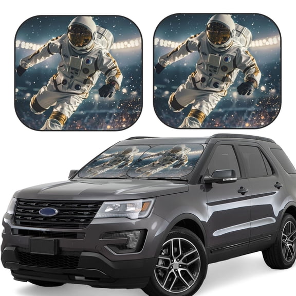 Honeii Astronaut Soccer Field Print Foldable Car Sun Shade for Windshield, 2-Piece UV Protection Shade, Protects Car Interior, Ideal for Cars, Trucks, SUVs-Small