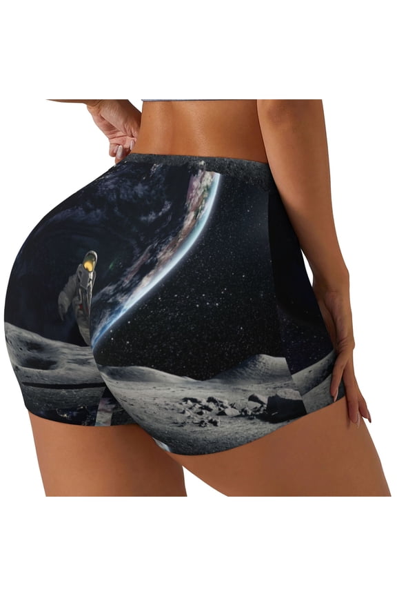 Astronaut Standing In The Moon Print Women's Workout Shorts, Gym Shorts for Active Wear, Sports Shorts,Women's Running Shorts,Quick Dry Athletic Shorts-Small