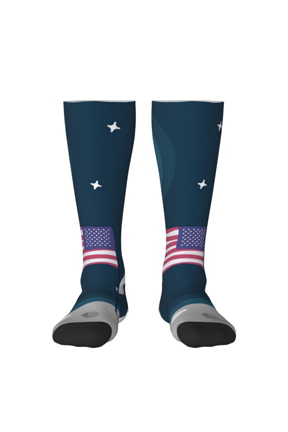 Astronaut With USA Flag Print Long Socks,Novelty Design Socks Gift for Men and Women,Crew Socks,Calf Socks