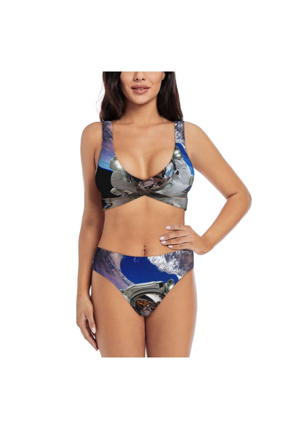 Astronaut in Outer Space Print Women’s Bikini Set,Two Piece Swimsuit Bathing Suits,Stylish High Elasticity Swimwear for Beach and Pool