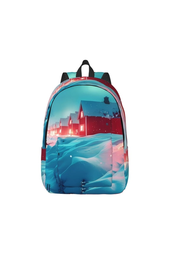 Aurora Borealis Village Print Canvas College Laptop Backpack, Durable Rucksack Travel Notebook Bag School Backpack Book Bag for Men Women-Small