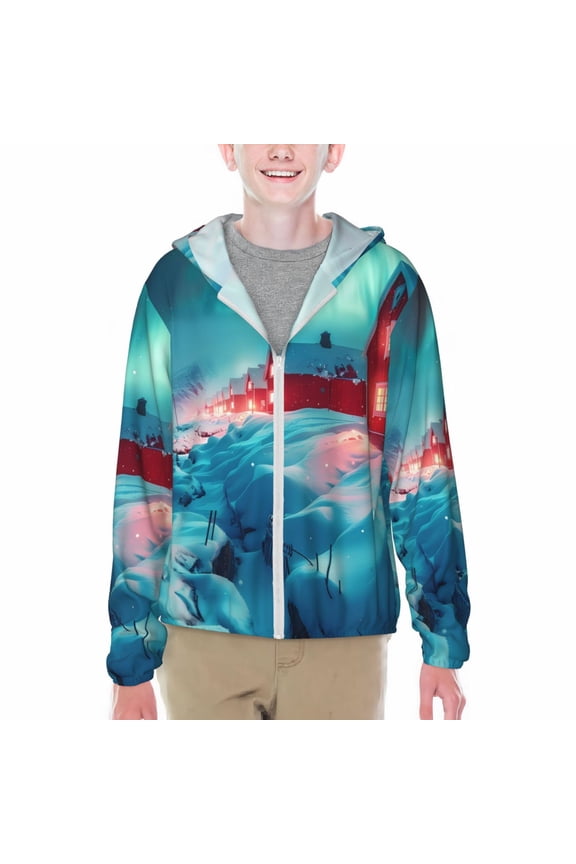Aurora Borealis Village Print Sun Protection Jacket Hooded Cooling Shirt with Pockets Hiking Outdoor Performance-Small