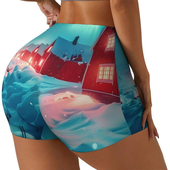 Honeii Aurora Borealis Village Print Women's Workout Shorts, Gym Shorts for Active Wear, Sports Shorts,Women's Running Shorts,Quick Dry Athletic Shorts-Small