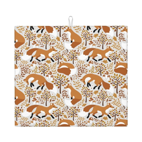 Honeii Autumn Fox with Brown Plants for Dish Drying Mat for Kitchen Counter, Non-slip Rubber Backed, Hide Stain Kitchen Super Absorbent Draining Mat, Dish Rack Pad