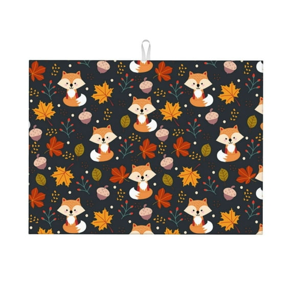 Honeii Autumn Fox Print Kitchen Drying Mat Coffee Bar Mat Hide Stain Coffee Maker Mat for Countertops Coffee Pot Dish Drying Mat