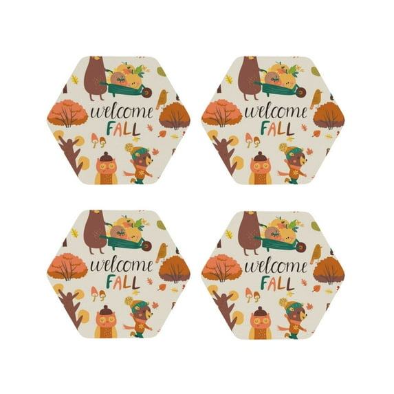 Honeii Autumn In The Forest print Leather Coaster Set of 4, ideal for safeguarding your furniture from drinks spills and effortless cleanup-Hexagon