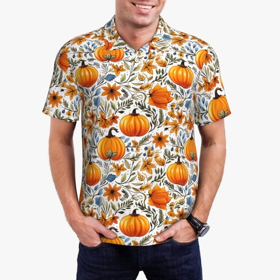 Honeii Autumn Pumpkin Blossoms Print Polo Shirt, A Classic Short-Sleeved, Button-Down Golf Shirt for Men,Mens Polo Shirts Short Sleeve-Medium
