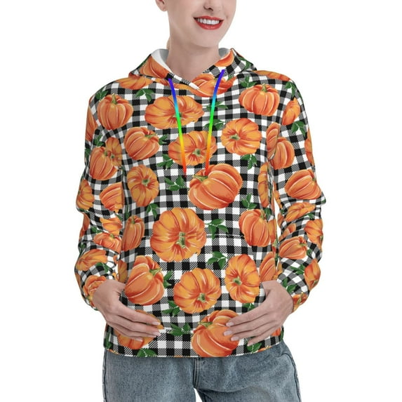 Honeii Autumn Pumpkins Gingham Pattern Womens Oversized Hoodies Long Sleeve Sweatshirts Pullover Fall Outfits with Pocket-Small