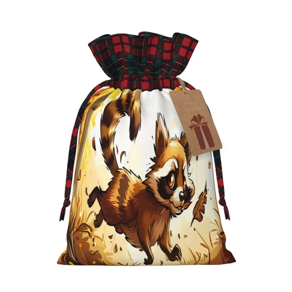 Honeii Autumn Raccoon In Forest Print Small Burlap Bags,Christmas Drawstring Treat Bags Gift Bags Reusable Candy Goodie Wrapping Bags for Holiday Party Favors Supplies -Black