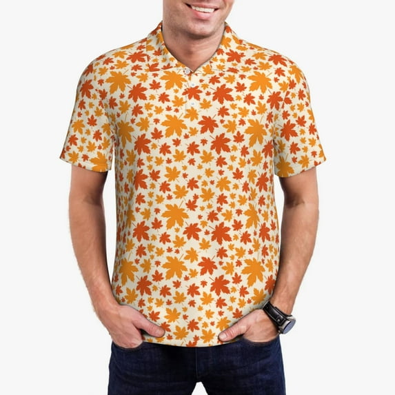 Honeii Autumn Red and Orange Maple Leaves Print Polo Shirt, A Classic Short-Sleeved, Button-Down Golf Shirt for Men,Mens Polo Shirts Short Sleeve-X-Large