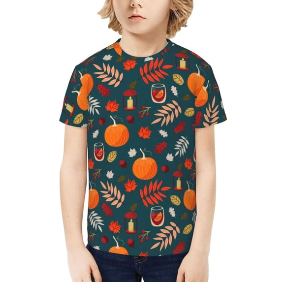 Honeii Autumn with Pumpkins Print Kids Boy T-Shirt,Breathable Round Neck Tee,Stylish Summer Tee for Boys, for Outdoor Activities and Casual Wear