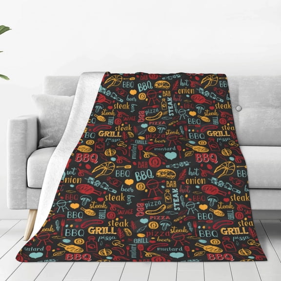 Honeii BBQ Barbecue Grill Print Fleece Blanket - Throw Blanket for Bed, Sofa, Couch, Camping, and Travel , Microplush Ultra Soft Warm Blanket-60"x50"