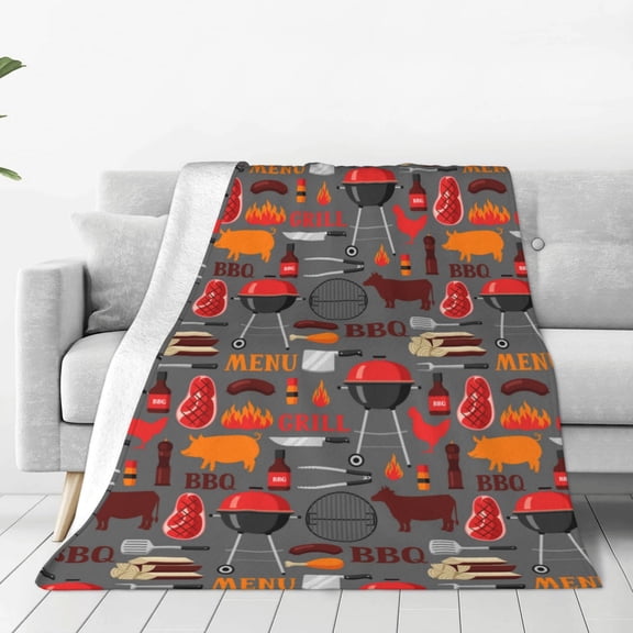 Honeii BBQ Icons Print Fleece Blanket - Throw Blanket for Bed, Sofa, Couch, Camping, and Travel , Microplush Ultra Soft Warm Blanket-80"x60"