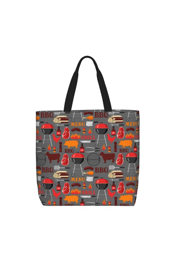 BBQ Icons Print Tote Bag, Reusable Grocery Shopping Bag,Shoulder Bag with Inner Pocket