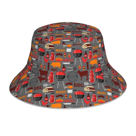 Honeii BBQ Icons for Unisex Bucket Hat Waterproof Rain Hat Reversible Shiny Rave Bucket Hat for Concert Festival Boonie Cap