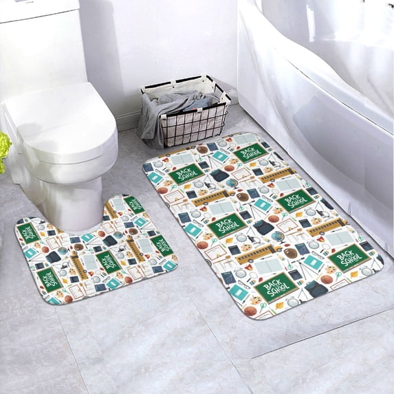Honeii Back To School A Pattern Bathroom Anti-Skid Pad Bathroom Mat Vintage Seamless Pattern Not-Slip Toilet Rug Set