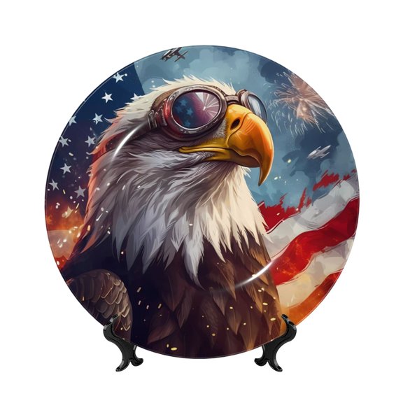 Honeii Bald Eagle Pilot Print Elegant Bone China Decorative Plate, Porcelain Plate,Art Crafts,Ceramic Ornaments for Home Office Wall Decor-7in
