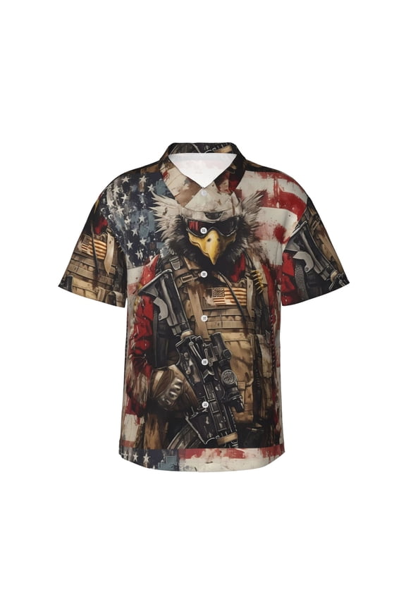 Bald Eagle Soldier Print Men’s Hawaiian Shirt,Classic Button-Down Short Sleeve Shirt, for Beach, Vacation, and Outdoor Activities,Small