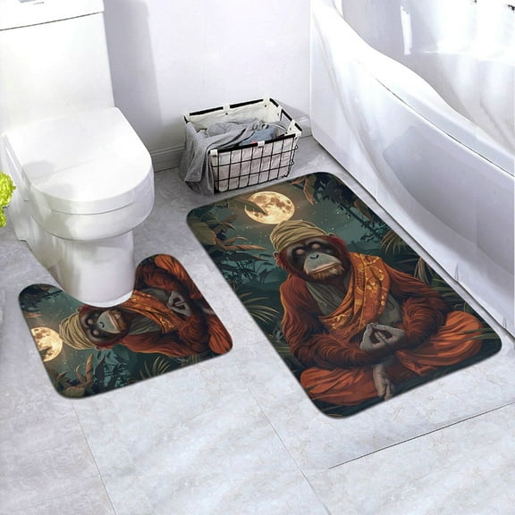 Honeii Banana Leaf Meditating Gorilla Pattern Bathroom Anti-Skid Pad Bathroom Mat Vintage Seamless Pattern Not-Slip Toilet Rug Set