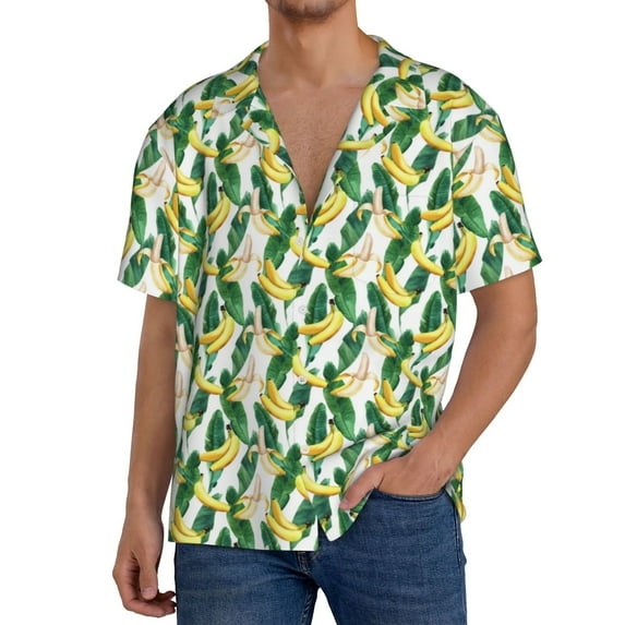 Honeii Banana Tree Leaves for Men's Short-Sleeved Button-Up Collared Shirt Featuring A Pocket, Perfect for Beach Vacations, And Travel Adventures.-Medium