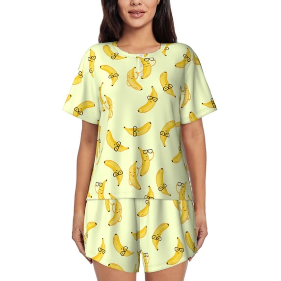 Honeii Bananas for Women's Summer Pajama Set ,Soft Short Sleeve Shirt & Matching Bottoms,Loungewear,2PCS Sleepwear Relaxed Home Wear-Large